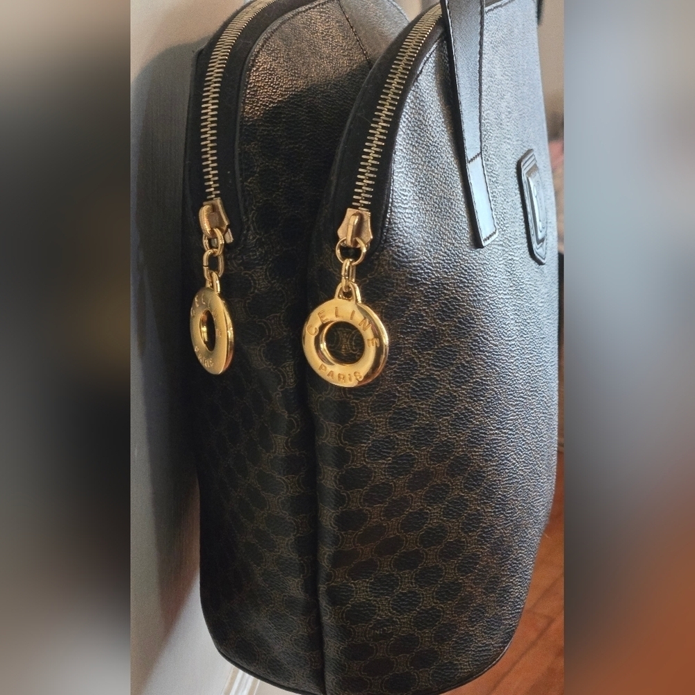 Celine | Double Zip Shoulder Tote Bag | Macadam Canvas & Black Leather | Vintage - Picture 8 of 16